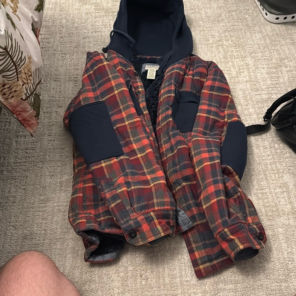 L.L. Bean Men’s plaid outer shell jacket with faux fur- size medium